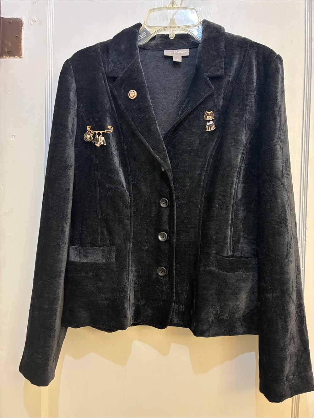 croft & barrow Black Velvet Blazer with Gold Accent Pins